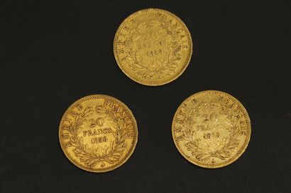 null Trois pièces en or de 20 francs Napoléon III tête nue.

1858 A (x3).



A :...