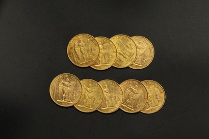 null 
Lot composé de 9 pièces en or jaune de 20 Francs au Génie (3x1897A ; 2x1876...