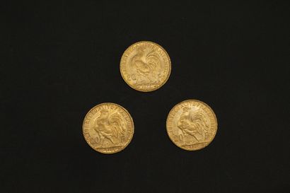 null Trois pièces en or de 20 francs Coq 1908.

1908 (x3).



Poids : 19.35 g - TB...