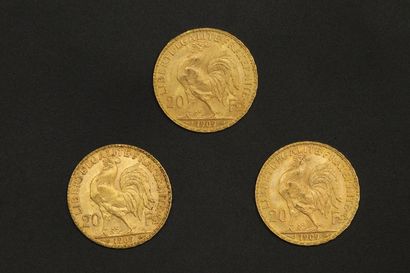 null Trois pièces en or de 20 francs Coq 1909.

1909 (x3).



Poids : 19.35 g.