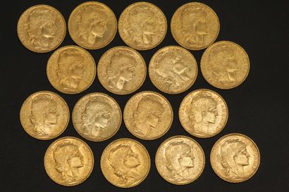 null Seize pièces en or de 20 francs Coq 1906.

1906 (x16).



Poids : 103.20 g -...