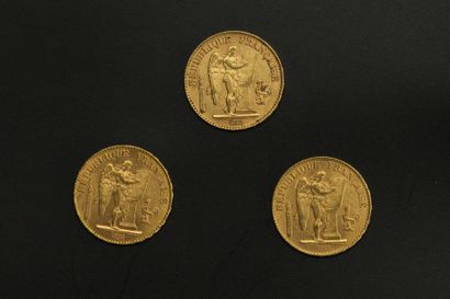 null Trois pièces en or de 20 francs Génie.

1897 A (x3).



A : atelier Paris.



Poids...
