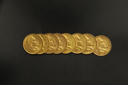 null 
Lot composé de 8 pièces en or jaune de 20 Francs Napoléon III Tête laurée (2x1868A,...