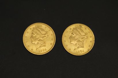 null Lot de deux pièces en or de 20 dollars "Liberty Head - Double Eagle". (1904)

TTB

Poids...
