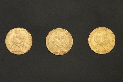 null Trois pièces en or de 20 francs Coq.

1908 (x1) - 1909 (x1) - 1910 (x1).



Poids...