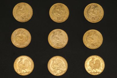 null Neuf pièces en or de 20 francs Coq 1907.

1907 (x9).



Poids : 58 g - TB à...