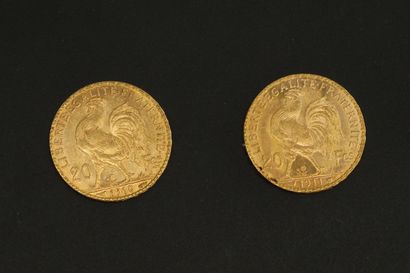 null Deux pièces en or de 20 francs Coq.

1910 (x1) - 1911 (x1).



Poids : 12.90...