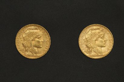 null Deux pièces en or de 20 francs Coq 1907.

1907 (x2).



Poids : 12.90 g.