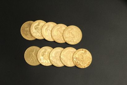 null 
Dix pièces en or 20 Francs au coq 1900, 1901,1904, 1906, 1908, 1910, 1912 x3,...