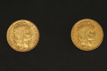 null Deux pièces en or de 20 francs Coq.

1903 (x1) - 1914 (x1).



Poids : 12.90...