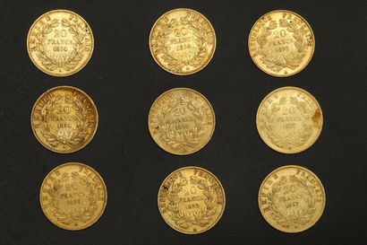 null Neuf pièces en or de 20 francs Napoléon III tête nue.

1852 A (x3) - 1854 A...