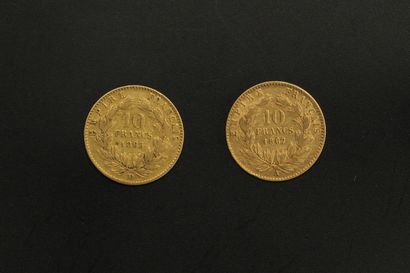 null Deux pièces en or de 10 francs Napoléon III tête nue.

1865 BB (x1) -1867 A...