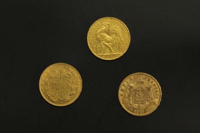 null Trois pièces en or jaune de 20 francs 

- Coq (1902)

- Napoléon III Tête nue...