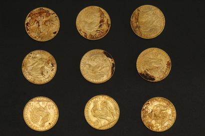 null Neuf pièces en or de 20 francs Coq.

1901 (x2) - 1902 (x1) - 1904 (x1) - 1905...