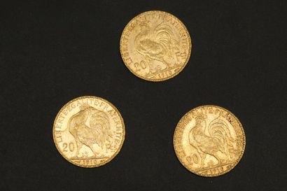 null Trois pièces en or de 20 francs Coq 1910.

1910 (x3).



Poids : 19.35 g - TB...