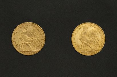 null Deux pièces en or de 20 francs Coq.

1904 (x1) - 1905 (x1).



Poids : 12.90...