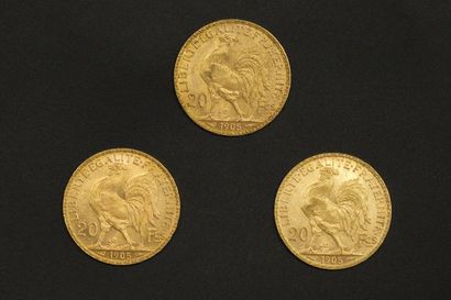 null Trois pièces en or de 20 francs Coq 1905.

1905 (x3).



Poids : 19.35 g.