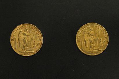 null Deux pièces en or de 20 francs Génie.

1875 A (x2).

A : atelier Paris.



Poids...