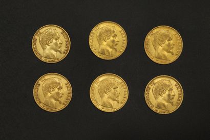 null Six pièces en or de 20 francs Napoléon III tête nue.

1856 A (x1) - 1858 A (x1)...