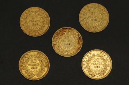 null Cinq pièces en or de 20 francs Napoléon III tête nue.

1859 A (x5).



A : atelier...