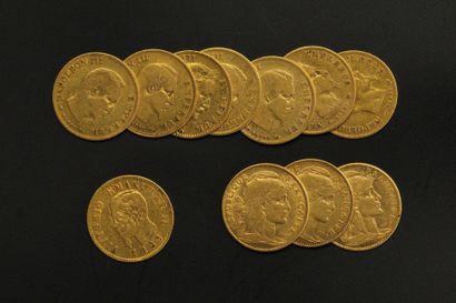 null Lot composé de 11 pièces en or : 

- 6 x 10 fr Napoléon III Tête nue (1855 A,...