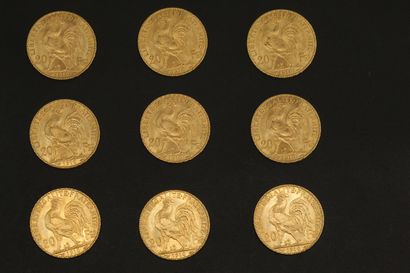 null Neuf pièces en or de 20 francs Coq 1910.

1910 (x9).



Poids : 58 g - TTB.