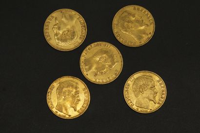 null Cinq pièces en or de 20 francs Napoléon III tête nue 1857 A.



A : atelier...