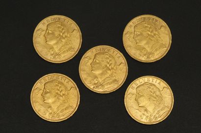 null Cinq pièces en or de 20 francs suisses Vreneli.

1925 B (x5).



Poids : 32.25...