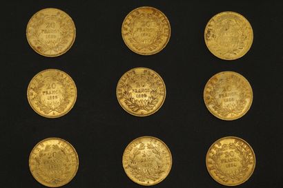 null Neuf pièces en or de 20 francs Napoléon III tête nue.

1852 A (x2) -1854 A (x3)...