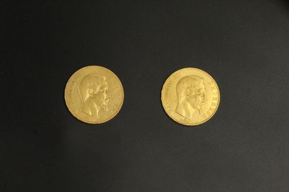 null 
Deux pièces en or de 50 francs Napoléon III tête nue (1856 A, 1858 BB)

TB...