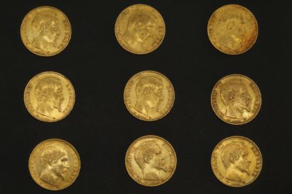 null Neuf pièces en or de 20 francs Napoléon III tête nue.

1853 A (x1) -1857 A (x2)...