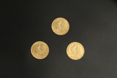 null 
Trois pièces en or 20 francs Coq 1907.

TB à TTB.

Poids : 19.30 g.
