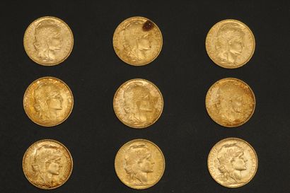 null Neuf pièces en or de 20 francs Coq 1906.

1906 (x9).



Poids : 58 g - TB à...