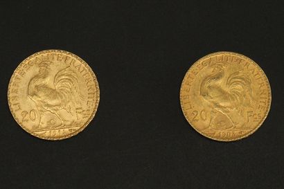null Deux pièces en or de 20 francs Coq.

1903 (x1) - 1914 (x1).



Poids : 12.90...