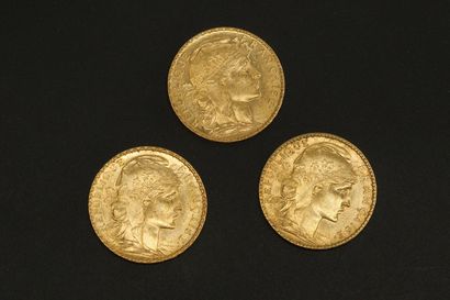 null Trois pièces en or de 20 francs Coq 1901.

1901 (x3).



Poids : 19.35 g - TB...