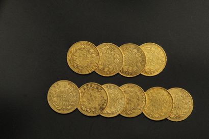 null 
Lot de pièces dix en or de 20 francs Napoléon III tête nue (1852 A x 2 ; 1854...