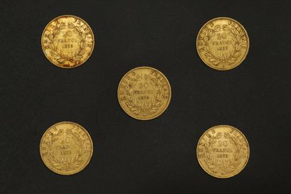 null Cinq pièces en or de 20 francs Napoléon III tête nue.

1855 A (x4) - 1855 BB...
