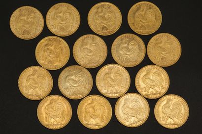 null Seize pièces en or de 20 francs Coq 1906.

1906 (x16).



Poids : 103.20 g -...