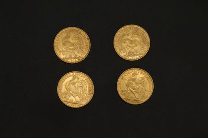 null Quatre pièces en or de 20 francs Coq 1905.

1905 (x4).



Poids : 25.80 g -...