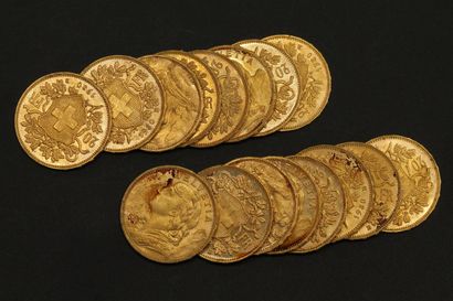 null Seize pièces en or de 20 francs suisses Vreneli 1930.

1930 B (x16).



Poids...