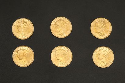 null Six pièces en or de 20 francs suisses Vreneli.

1935 B (x6).



Poids : 38.70...
