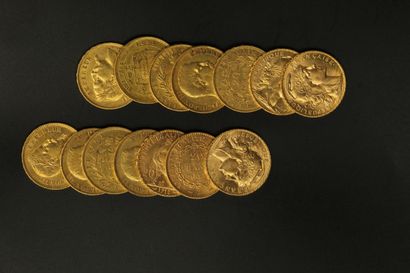 null Lot composé de pièces en or de 20 Francs : 

- 4 pièces de 20 francs au Coq...