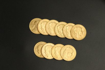 null 
Dix pièces en or de 20 Francs au Coq (1909)

TTB à SUP

Poids : 64,50 g.
