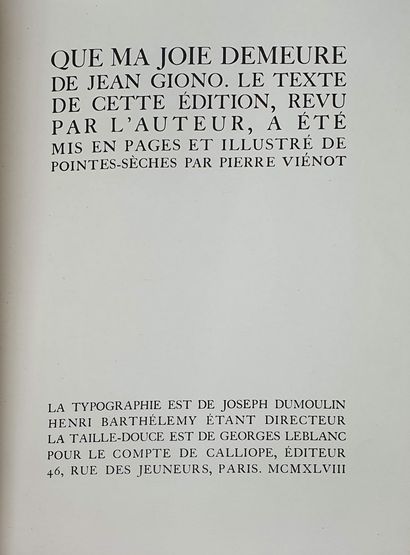 null 
GIONO (Jean). Que ma joie demeure. Paris, Calliope, 1948. Fort in-4, maroquin...