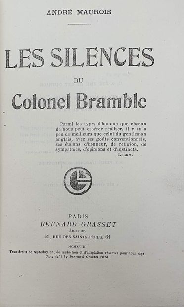 null MAUROIS (André). The Silences of Colonel Bramble. Paris, Grasset, 1918. In-12,...