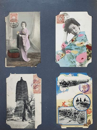 null Album de cartes postales anciennes affranchies, avec Chine, Japon, Madagascar,...