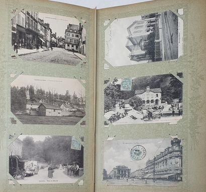 null A postcard album (fancy + regional) + two small binders of Chromos