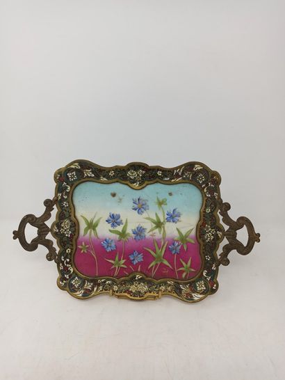 null Bronze tray with two handles resting on four small feet, cloisonné enamel mounting...