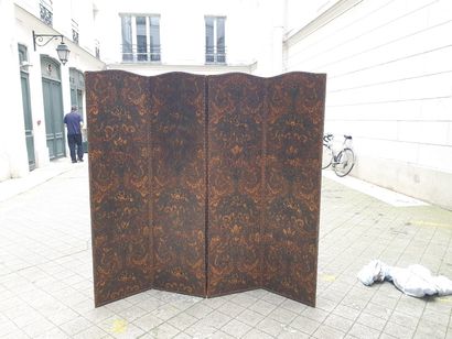 null 
A Cordoba leather four-leaf screen decorated with branching birds and baskets...