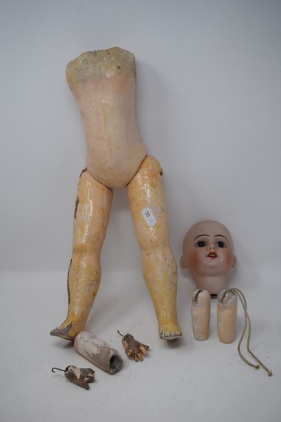 null French doll, with bisque head, open mouth, fixed blue eyes, straight body in...
